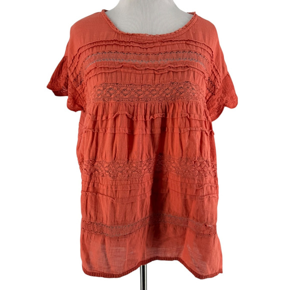 Sundance Women's Petite Orange Lace Tiered Short Sleeve Blouse Size Large - Picture 1 of 5